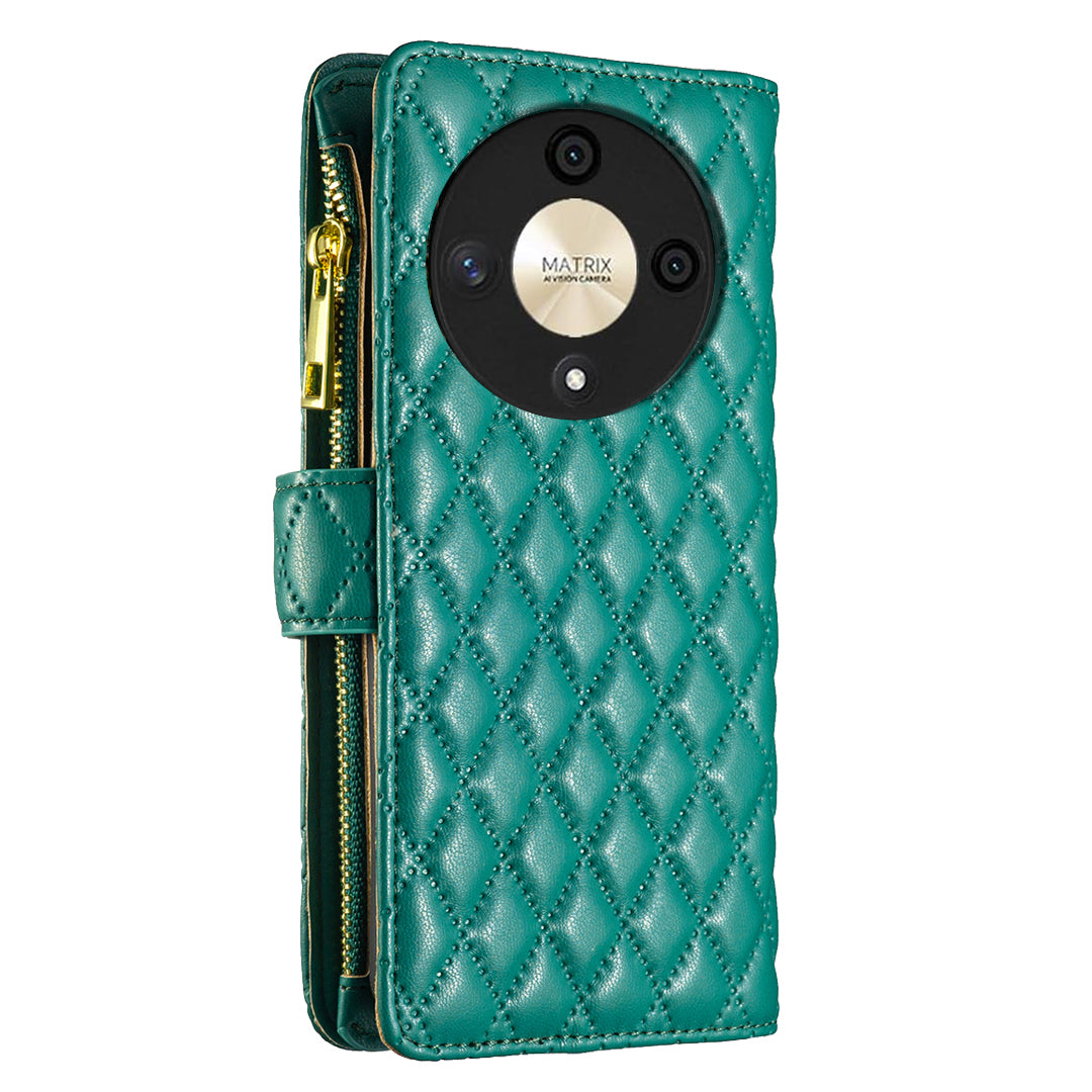 BINFEN COLOR BF Style-15 For Honor X9b 5G / Magic6 Lite 5G Phone Case Zipper Pocket Wallet Flip Cover - Green BINFEN COLOR BF Style-15 For Honor X9b 5G / Magic6 Lite 5G Phone Case Zipper Pocket Wallet Flip Cover - Green